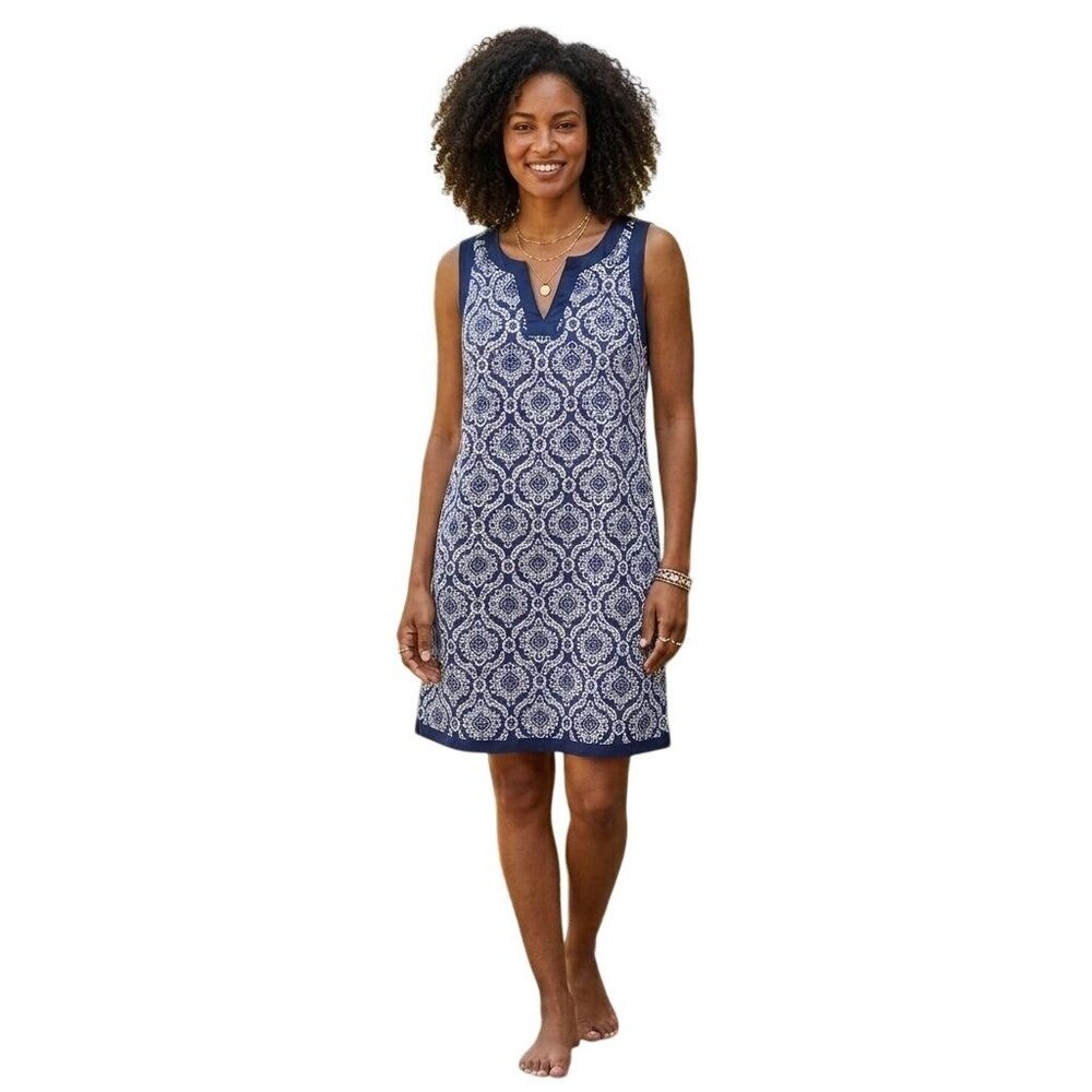 Sigrid Olsen Blue & White Linen Sleeveless Shift Dress Damask Print Size M